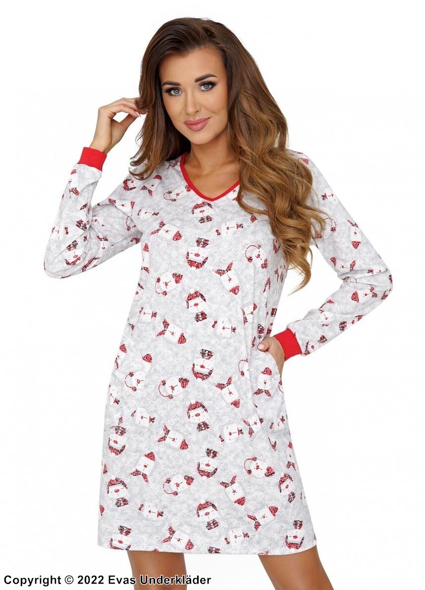 Juletema (kvinne), pyjamas-kjole, myk bomull, lange ermer